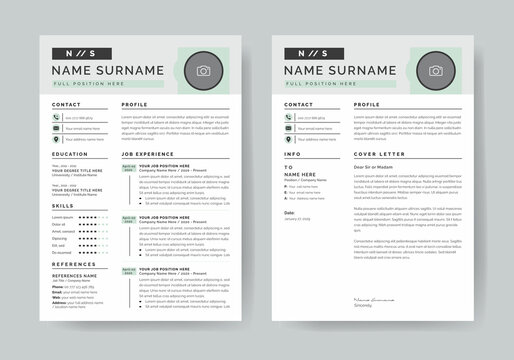 Resume Layout Set with White & Green Header Elements CV Template