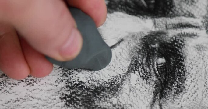 The artist works with an eraser on the drawing. Creating a sketch depicting a portrait of an old man. Hobby drawing, close up.