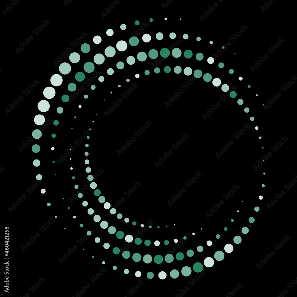 Poster green and white dots in spiral circle. abstract vector background.