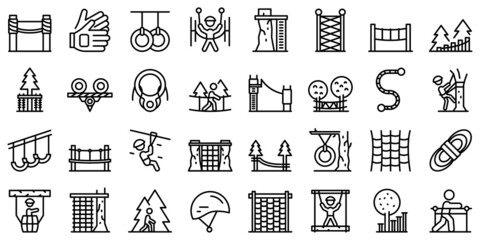 Rope park icons set outline vector. Walk adult
