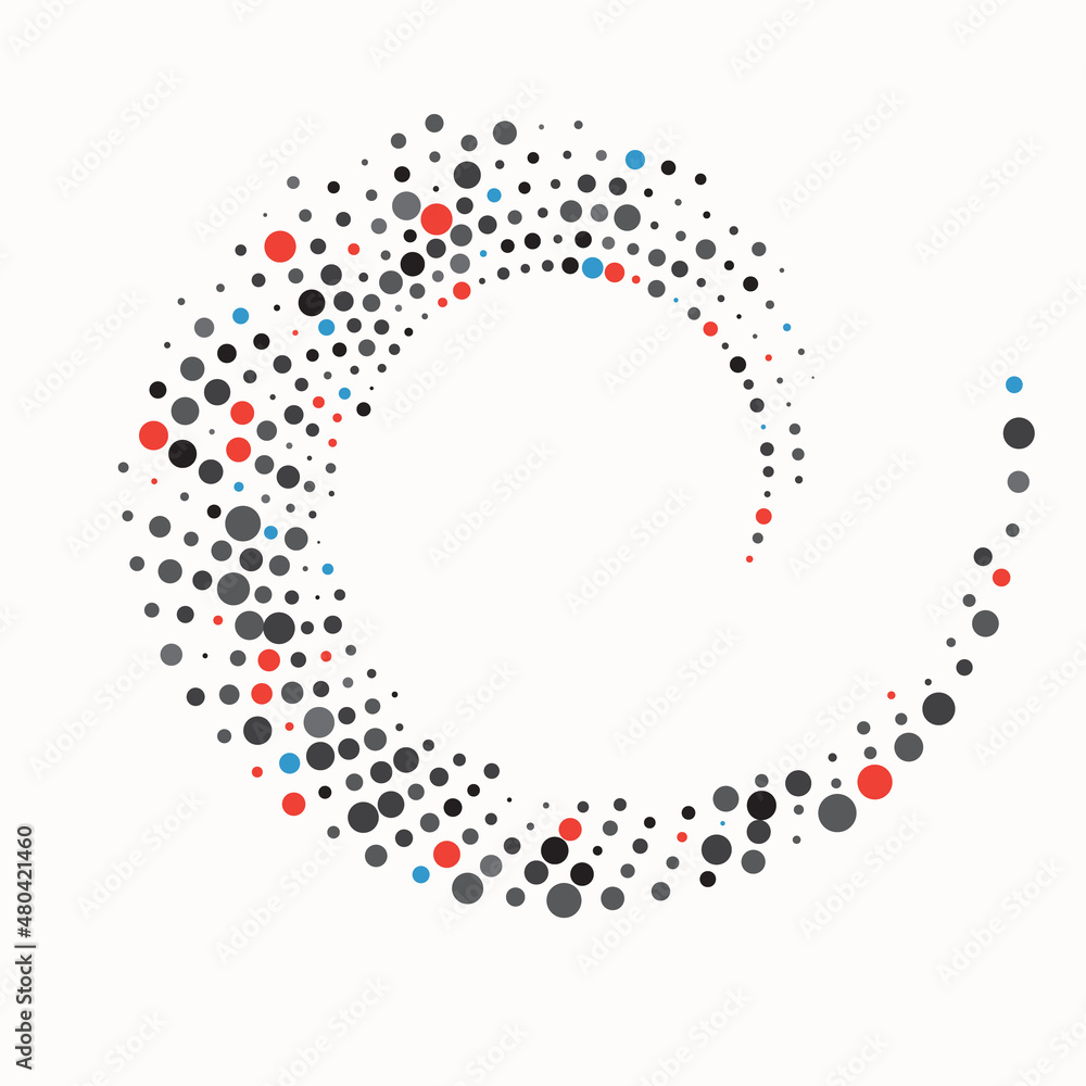 Poster Random color halftone dots in spiral. Abstract colored vector background.