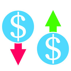 Сost reduction and growth business icons. Arrow dollar icon. Up and down arrow symbol, sign. Vector illustration.
