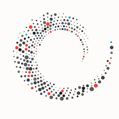 Random color halftone dots in spiral. Abstract colored vector background.