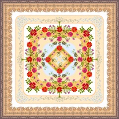 Tablecloth, carpet, shawl, napkin with a paisley frame and a natural pattern of flowers, roots and leaves in the center of the composition. Vector design. Ethnic motives.