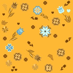 Flowers, leaves, hearts on a light orange background. Natural endless pattern, vector print for fabric.