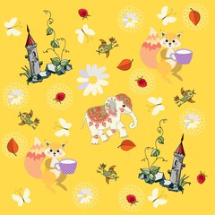 Wonderful print for baby bedding, wallpaper, pillow cases, napkins, fabrics with funny fairy elephant, squirrels, butterflies, birds, beautiful castles on a cheerful sunny yellow background. Vector.