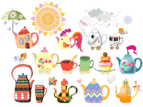Nine fabulous teapots in the form of a boat, a house, a train, a cockerel and others, as well as cups, cake, funny birds, the sun, butterflies, an umbrella and flowers. Beautiful postcard in vector