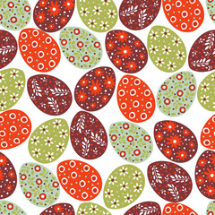 Seamless pattern with Easter eggs. Colorful eggs on a white background. Festive Easter background. Flat vector.