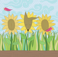 girasoli e un cagnolino in un campo di grano © giulia