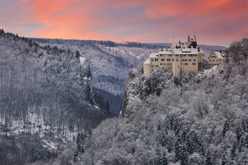 Fototapeta na wymiar Schloss Werenwag auf einem Felssporn im Oberen Donautal (Schwäbische Alb). Werenwag Castle on a rocky outcrop in the Upper Danube Valley (Swabian Alb)