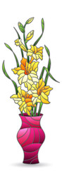 An illustration in the style of a stained glass window with a floral still life, a vase with gladioli isolated on a white background