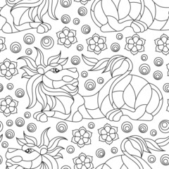 Seamless illustration with abstract lions and flowers, contour animals in stained glass style on a dark background