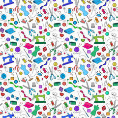 Seamless pattern on the theme of needlework and sewing , simple color icons on light background
