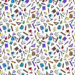 Fototapeta na wymiar Seamless pattern on the theme of the school, a simple hand-drawn color icons on light background