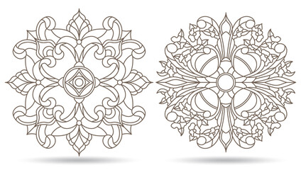 A set of contour illustrations in the style of stained glass with round floral motifs, compositions isolated on a white background