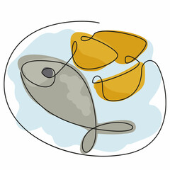 fish and chips on a plate on white background. Continuous line doodle illustration. Colorful sketch