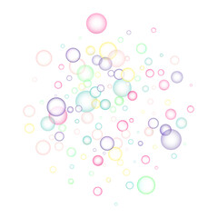 Soapy bright multicolored bubbles fly randomly on a white background. Vector illustration