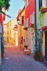 cityscape of the old village of Sirolo in Ancona located in the Marche region of Italy in the Conero Riviera