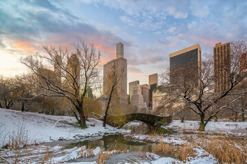 Central Park New York City in Manhattan USA in winter with snow
