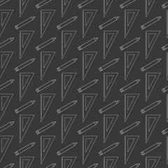 School seamless pattern with study symbols. Black background with line drawings. Pencil and ruler icons. Vector illustration, background with stationery. Digital wrapping paper, back to school