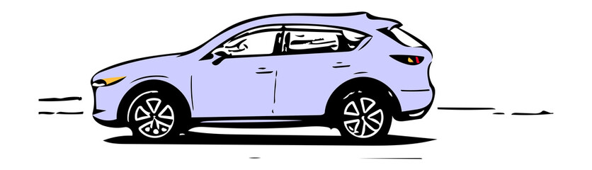 Sketch suv car silhouette isolated on white background. Line art drawing of abstract crossover auto in Periwinkle color - obrazy, fototapety, plakaty