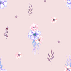 Anemones seamless pattern. Very peri color 2022 trend. Spring flowers pattern on white background