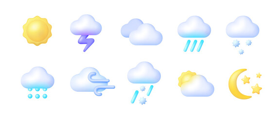 3d weather 3d for web background design. Icon set cloud weather. 3d vector realistic objects. Vector illustration design element set. Isolated objects - obrazy, fototapety, plakaty