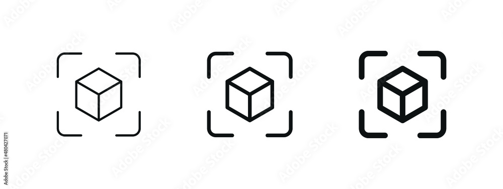 Poster Cube icon with capture symbol center screen, Augmented reality. cube symbol, 3D Cube line icon, Abstract Cube Hexagon Logo for website design and mobile, app development	
