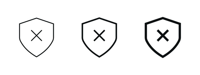 Shield check mark false icon or security shield danger protection icon with cross symbol