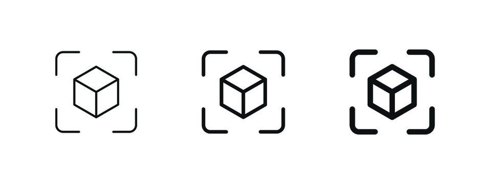 Cube icon with capture symbol center screen, Augmented reality. cube symbol, 3D Cube line icon, Abstract Cube Hexagon Logo for website design and mobile, app development	
