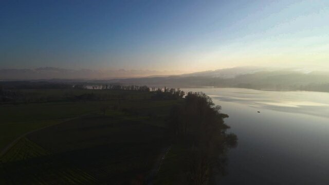 Greifensee Panorama, Sonnenuntergang, Kanton Z&uuml;rich, Schweiz. Januar 14
