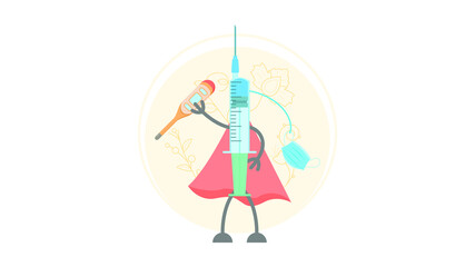 Abstract Flat Medic Syringe In A Raincoat With Mask And Thermometer Cartoon People Character Concept Illustration Vector Design Style Coronavirus COVID-19 Mass Vaccination Healthcare Epidemic
