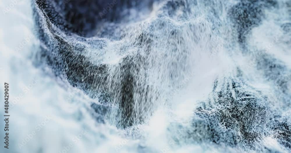 Poster waves or avalanche of swirling particles, flowing down. abstract particle of dust, snow, dots and li