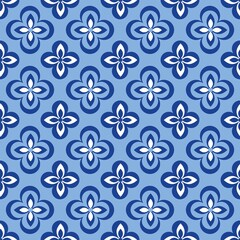 Blue white seamless background with flowers..Abstract, repeating regular pattern for print..Graphic design with regular shapes.