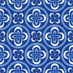 Blue white seamless background with flowers..Abstract, repeating regular pattern for print..Graphic design with regular shapes.
