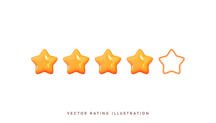 Five stars, glossy orange colors. Customer rating feedback concept from the client about employee of website. Realistic 3d design of the object. For mobile applications. Vector illustration