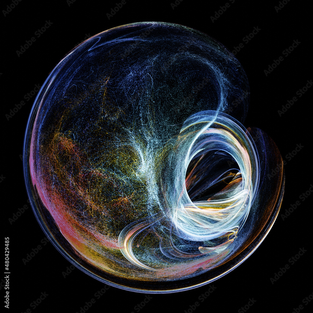 Poster abstract magic sphere with twisted lines and particles in motion. glowing energy sphere isolated on 