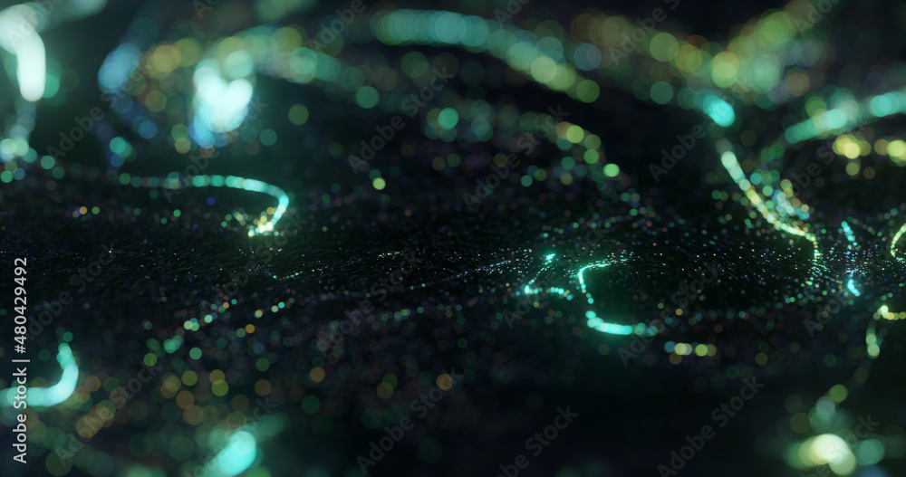 Poster beautiful dots in motion, texture with glowing defocused particles. shallow depth of field.