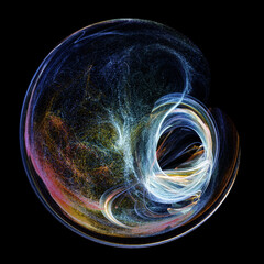 Abstract magic sphere with twisted lines and particles in motion. glowing energy sphere isolated on black.