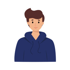 Teenage boy with modern fashionable hairstyle in blue sweatshirt with hood, isolated on white background. Portrait, avatar. Funny boy, character. Vector flat illustration