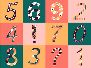Vector hand drawn set of creative numbers in modern trendy colors, can use for celebration anniversary, print and web design.