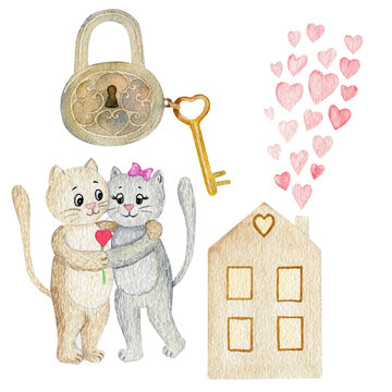 Set of watercolor elements - symbols of love. Cats in love, a house from the chimney of which smoke comes from hearts, a lock with a key