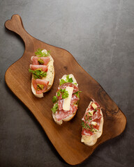 Crostini with sour cream, cheese, bacon, prosciutto, herbs, blue cheese. banner, space for your text, copy space, negative space