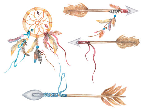 Watercolor dreamcatcher and, Boho Arrows illustration set, feathers clipart, Baby shower graphics, Card making, tags, wedding