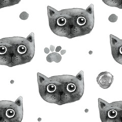 Cute cats, watercolor grey cats background illustration.