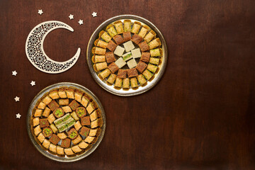 Ramadan traditional sweets baklava. Middle Eastern , turkish dessert . Ramadan background with moon...