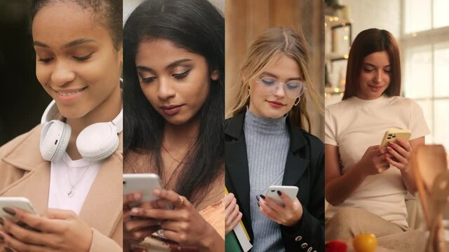 Multiscreen of interracial women using smartphone in everyday life. Nomophobia. Technology people. Addicted woman. High quality 4k footage