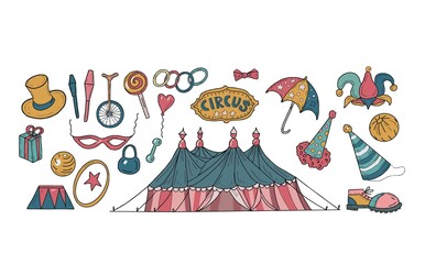 
Circus arena doodle sketch graphic elements hand drawn clown hat, dumbbells marquee bike boots coloring book for children