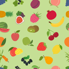 Fototapeta na wymiar Seamless set of fruits and berries for textiles and wallpapers, flat cartoon vector illustration. Vitamin C - strawberry, raspberry, blackberry, watermelon, mango, kiwi, sea buckthorn, black currant.