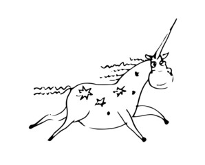Fabulous fat unicorn funny. Cheerful wild animal. A comical character. Outline sketch. Hand drawing is isolated on a white background. Vector